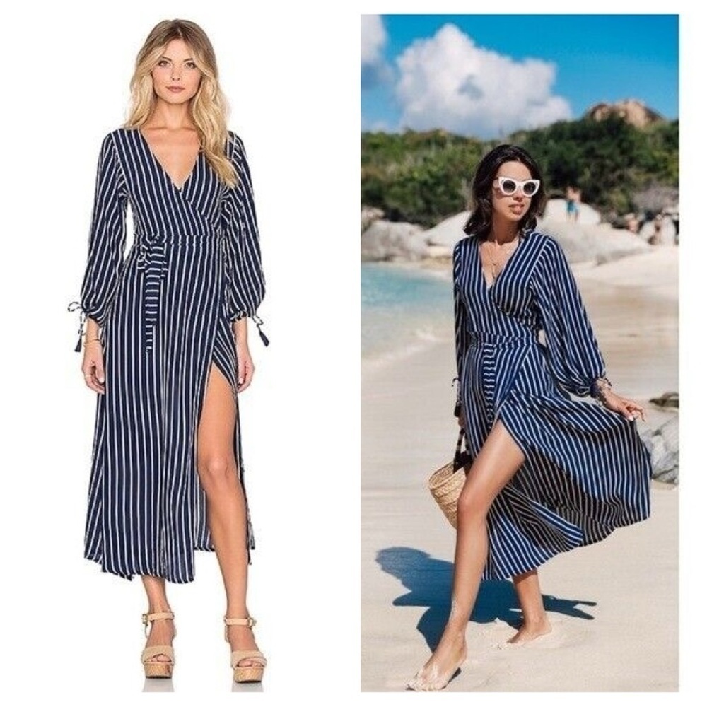 Faithfull the Brand / Atlas Story Wrap navy blue white stripe Midi Dress S